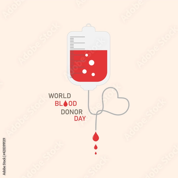 Fototapeta Vector illustration dedicated to world donor day. Dropper with dripping drops of blood and heart.Light beige background. Concept for poster, sign, logo.