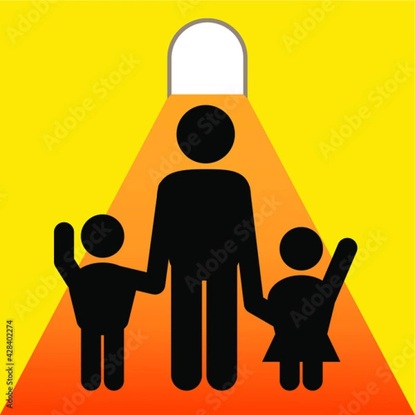Obraz Father and children hold hands together to walk to the door of happiness, Vector, icon