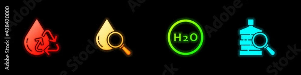 Fototapeta Set Recycle clean aqua, Drop and magnifying glass, Chemical formula for H2O and Big bottle with water icon. Vector