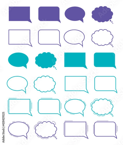 Fototapeta Hand-drawn speech bubble. Vector set. Clouds for online chat with different words Suitable for dialogue to illustrate reactions. Colorful chat messages.