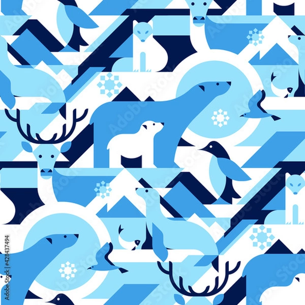 Fototapeta Animals in Arctical, Polar - abstract vector pattern, seamless with polar bear, arctic fox, bird, penguin, fish, reindeer, seal. Perfect for fabric, textile, wallpaper.