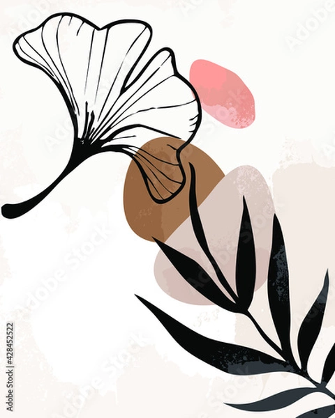 Fototapeta Illustration vector EPS print hand draw painted abstract shapes with plant botanical garden contemporary mid century boho modern art Scandinavian nordic design style