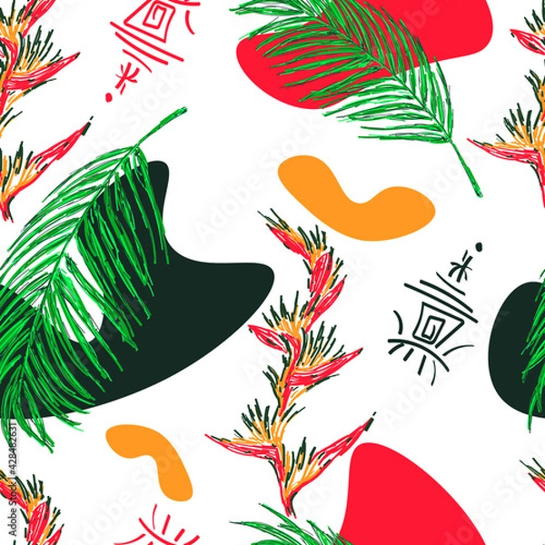 Fototapeta Tropical leaves and flowers. Seamless pattern for design of fabric or wrapping paper.Tropical motives.