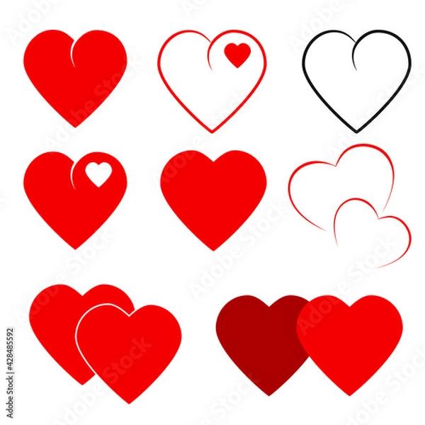 Fototapeta Red heart collection icon, a symbol of love, highlighted on white. The icon of the card suits is black and red. Illustration,