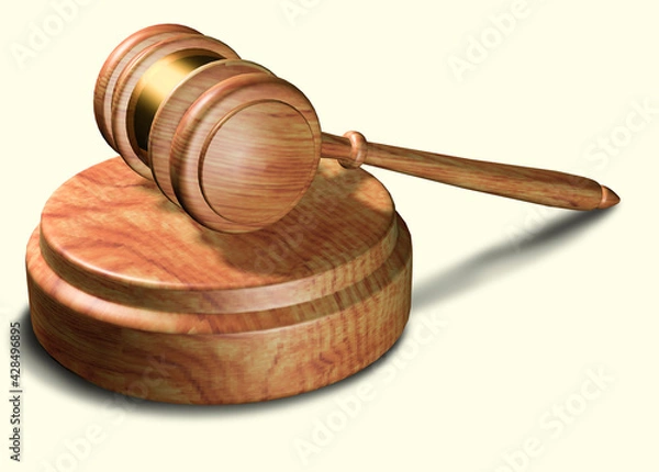 Fototapeta The hammer of justice on a white background. 3d rendering.