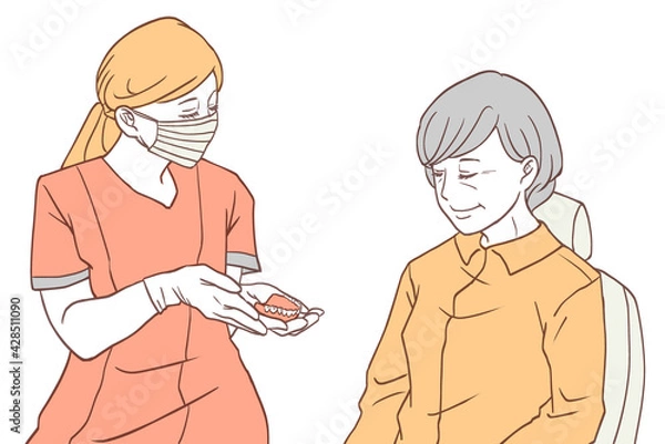 Obraz 入れ歯の説明をする歯科衛生士（シンプルカラーバージョン）