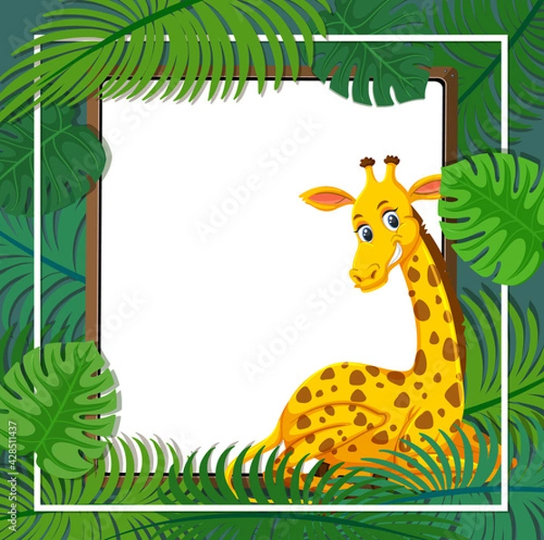 Fototapeta Tropical leaves banner template with a giraffe cartoon character