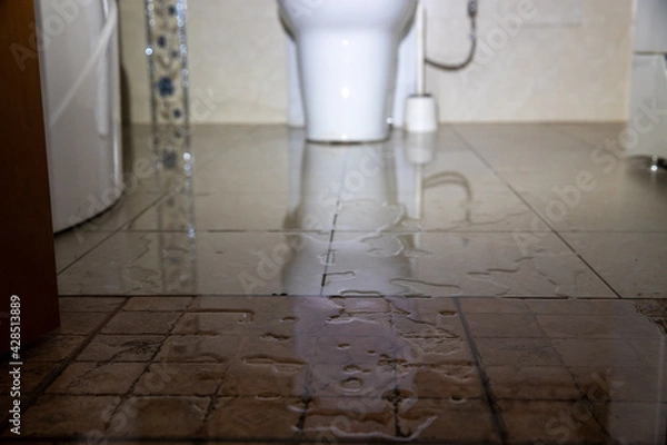 Fototapeta Water damage due a broken pipe or toilet. Moisture problem and wet floor. Horizontal, selective focus