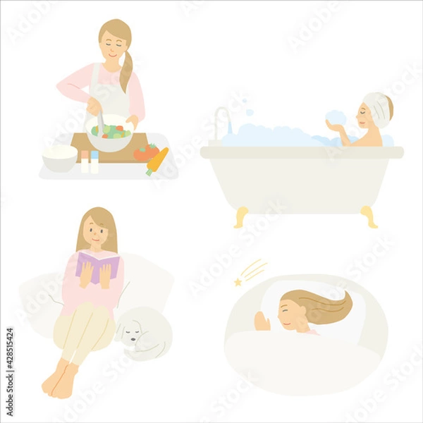 Fototapeta 20代女性の夜、日常ルーティーン、料理、お風呂、読書、就寝