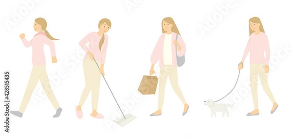 Fototapeta 20代女性の休日、掃除、買い物、散歩、ショッピング