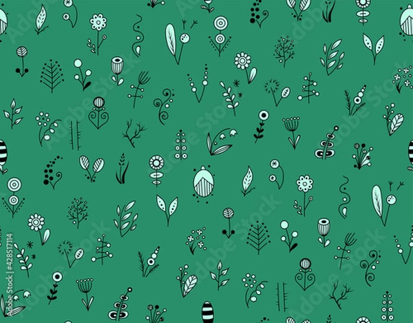 Fototapeta A pattern of silhouettes of small different flowers on green background. vector illustration