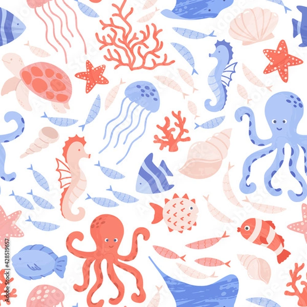 Fototapeta Seamless pattern with cute sea and ocean animals, corals and shells. Repeat design with sea creatures - octopus, seahorse, jellyfish, turtle and manta ray. Vector cartoon illustration