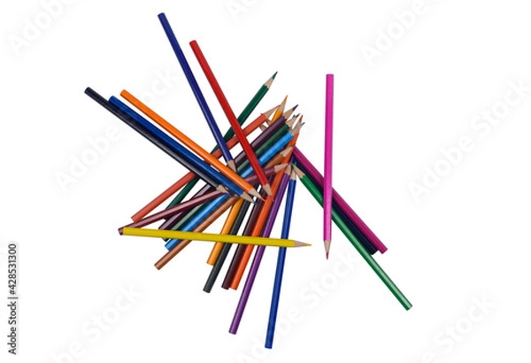 Fototapeta Many colored pencils in a heap on a white background.