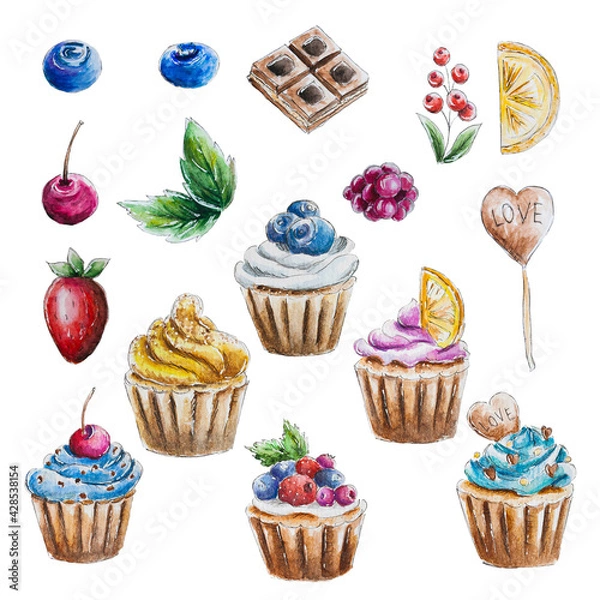 Fototapeta Watercolor set of colorful cupcakes, chocolate, berries and fruits