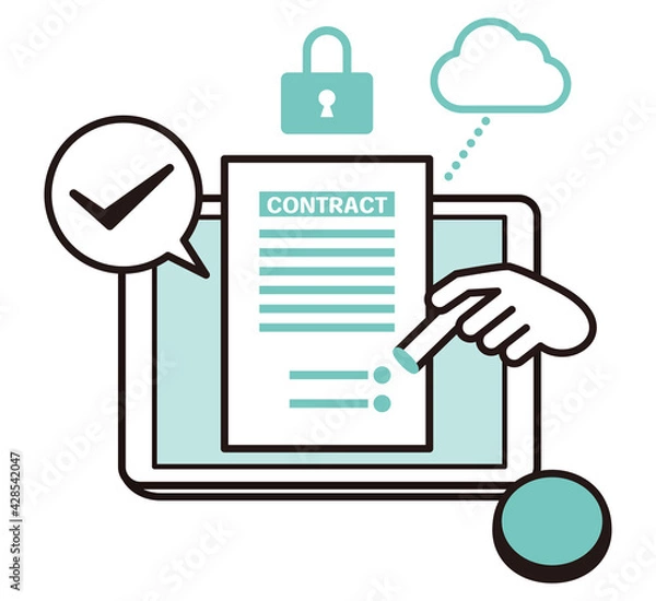 Obraz 安全性の高いクラウドに繋げたタブレット端末で書類に電子印鑑を押印するイラスト