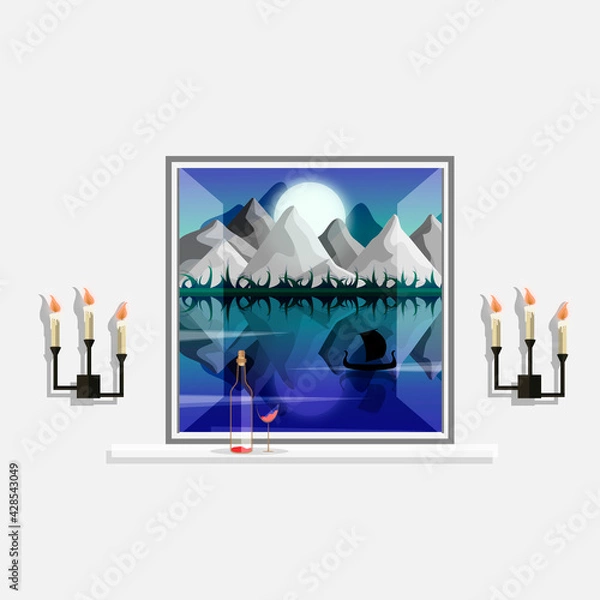 Obraz mountain landscape in water reflection by moonlight