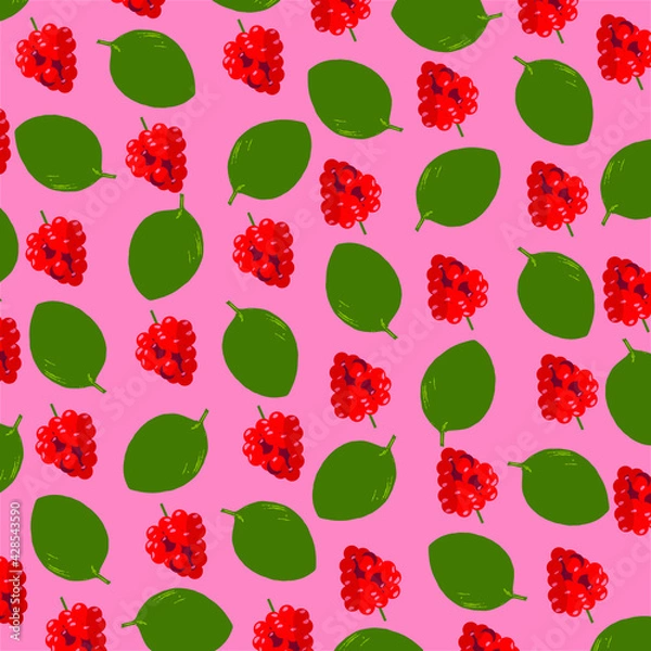Obraz illustration pattern print raspberry basil on pink background