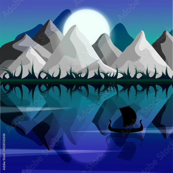 Obraz mountain landscape in water reflection by moonlight