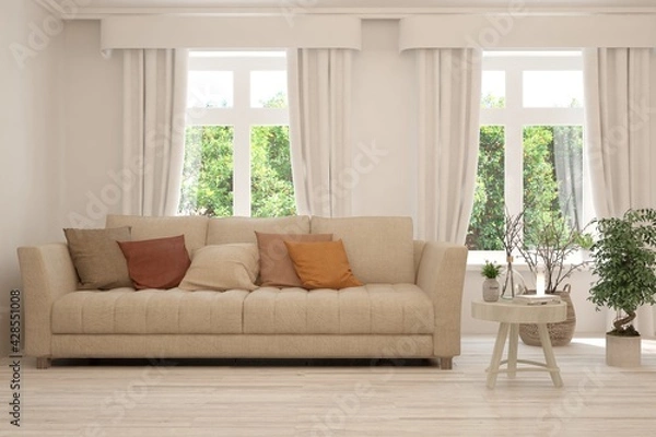 Fototapeta Stylish room in white color with sofa and summer landscape in window. Scandinavian interior design. 3D illustration