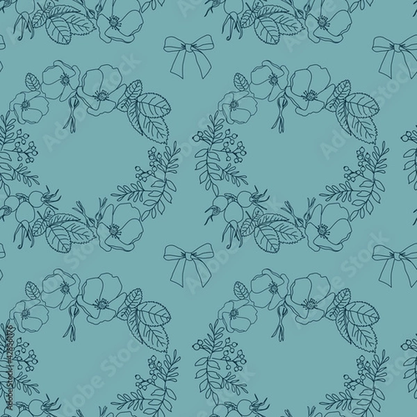 Fototapeta Seamless pattern, flowers, fruits and leaves of wild rose. Decorating bows. A wreath of flowers and berries of mountain ash. Vegetable, floral print. Calm, not bright colors.