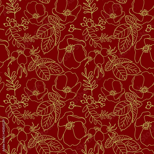 Fototapeta Seamless print. Flowers and fruits of rose hips. Rowan berries and leaves. Baroque colors. The drawing is isolated on a burgundy background.
