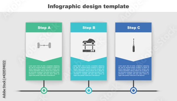 Fototapeta Set Chassis car, Repair on lift and Screwdriver. Business infographic template. Vector