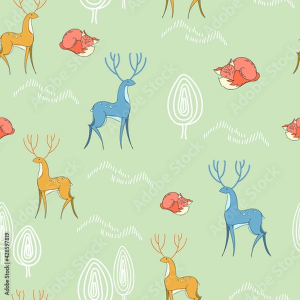 Fototapeta A seamless pattern with deer and foxes. Forest. Vector seamless texture.