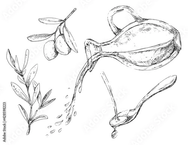 Obraz Olive oil pouring from bottle and graphic elements