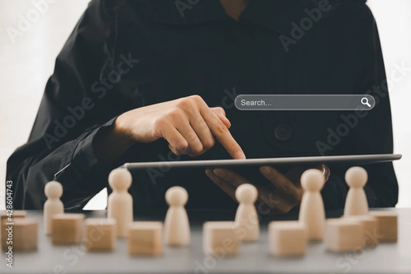 Obraz closeup woman pointing on tablet with search tab