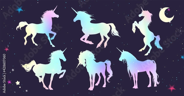 Obraz Magic Cute unicorns silhouettes. Stylish icons, vintage, background, horses tattoo. Hand drawn vector illustration, outline, isolated different unicorn body collection