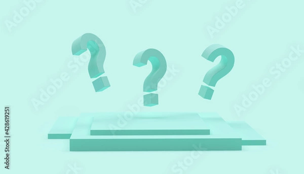 Fototapeta Three question marks on a square stand in pastel turquoise. 3d illustration 
