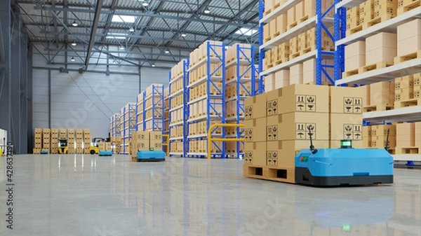 Obraz Robots efficiently sorting hundreds of parcels per hour,pallet lifter AGV.