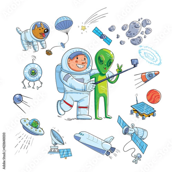 Fototapeta Set Space Objects. Funny cartoon character.