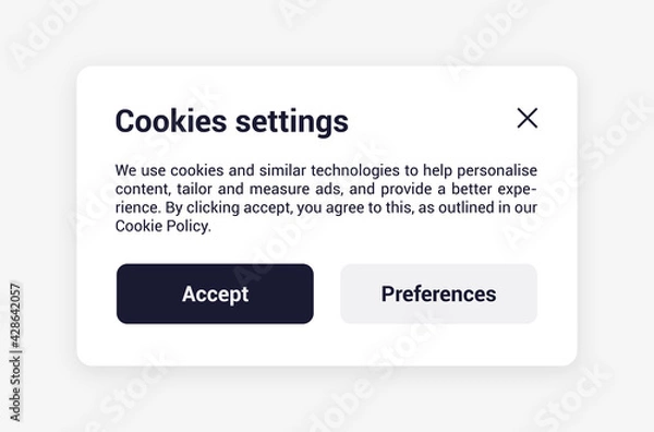 Obraz Cookies settings popup template. Isolated cookie preferences card on white background. Editable UI element. Allow or accept all cookies pop-ups. Web interface vector design illustration.