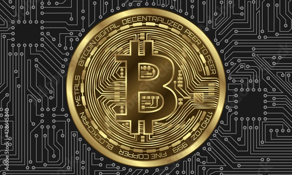 Fototapeta Bitcoin (btc) sign icon on circuit board. Cryptocurrency symbol, mining technology