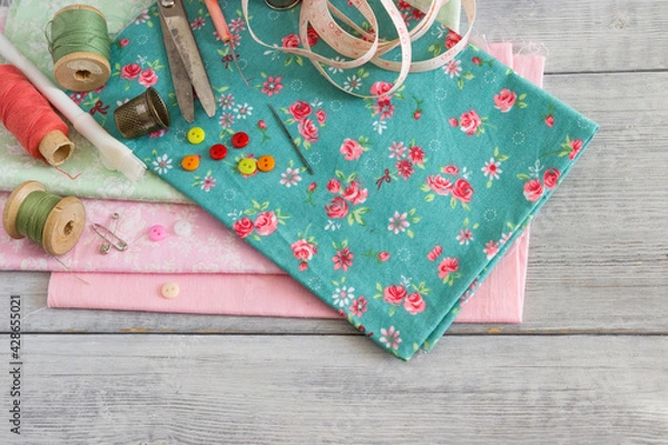 Obraz Fabrics and sewing accessories for needlework.