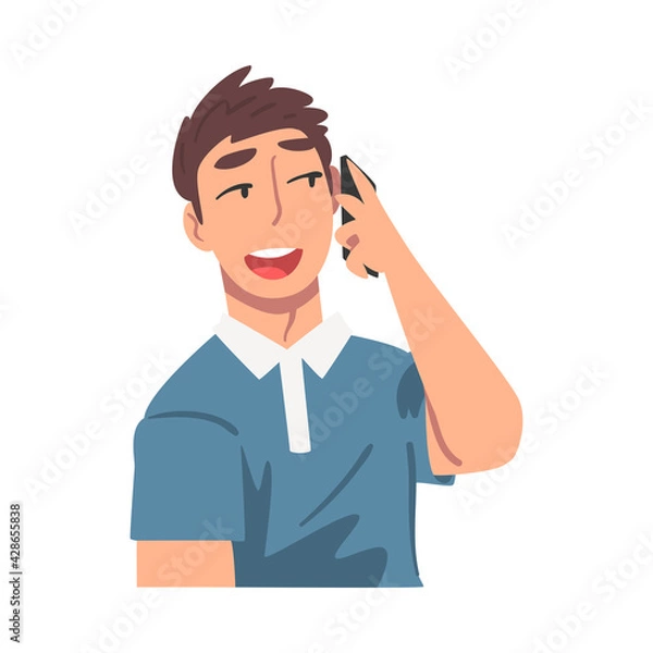 Fototapeta Cheerful Young Man Talking on Phone, Guy Communicating Using Smartphone Cartoon Vector Illustration