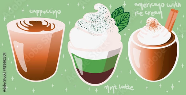 Obraz Coffee drink set: cappuccino, latte, americano in cute cartoon style. Kawaii vector illustration. Suitable for menu, flyer, ads, sticker and design products.