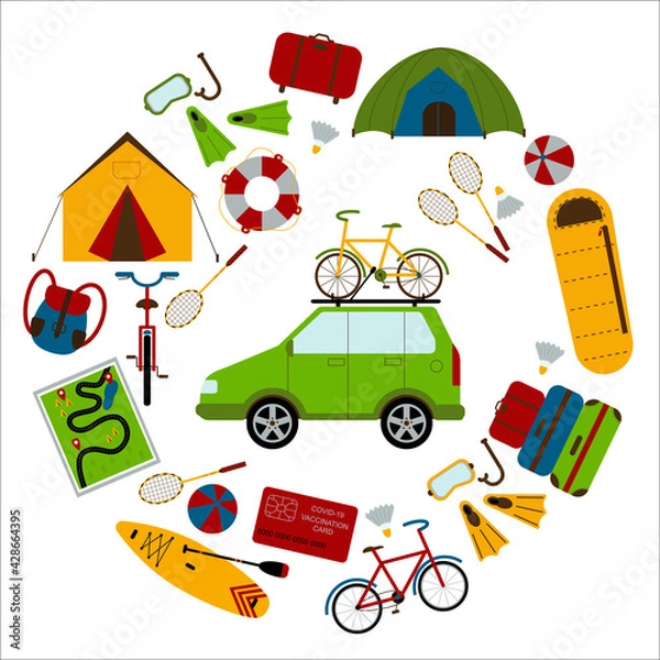 Fototapeta A set of necessary things to travel by car in a round frame. Backpack, fins, diving mask, lifebuoy, map, badminton, ball, sup, sleeping bag, bike, suitcases. Family hobby. Flat style Vector Illustrati