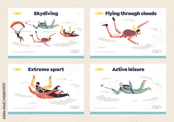 Fototapeta People skydiving with parachutes template landing pages set. Parachutists diving in sky