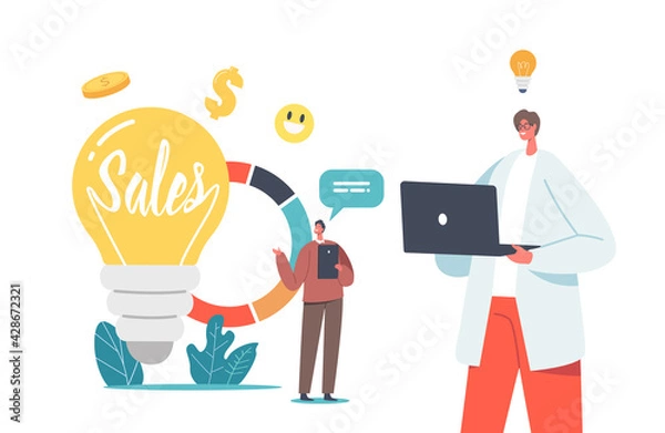 Fototapeta Sales Strategies and Business Idea Concept with Tiny Businessmen Characters with Gadgets at Huge Light Bulb and Chart