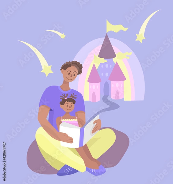 Obraz Vector illustration of a black father reading a book to his daughter
