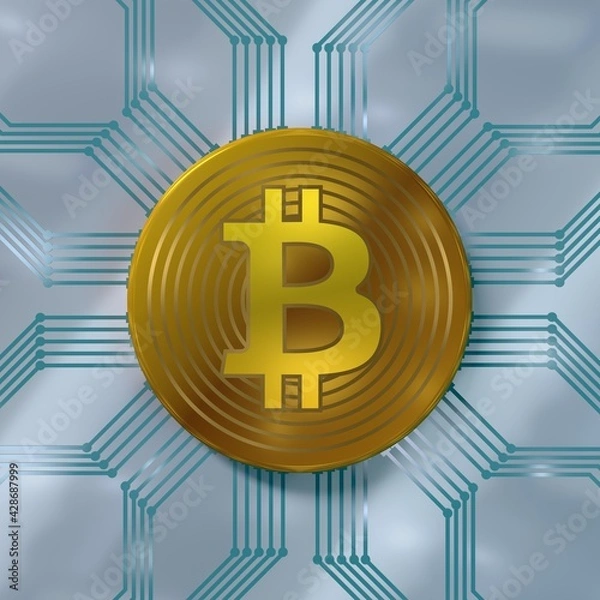 Fototapeta Shiny, metallic, 3d rendered bitcoin image.