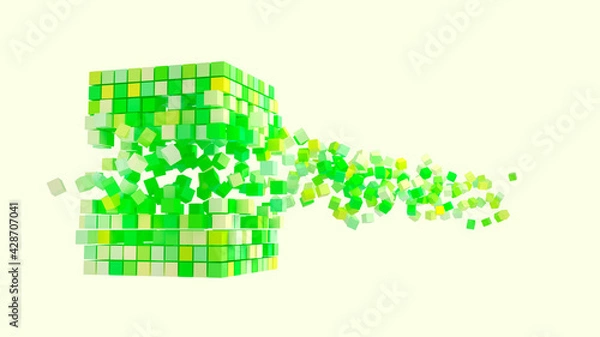 Fototapeta Abstract creative modern green 3d background three-dimensional cube exploding flying out of it small particles of the cube. 3d illustration