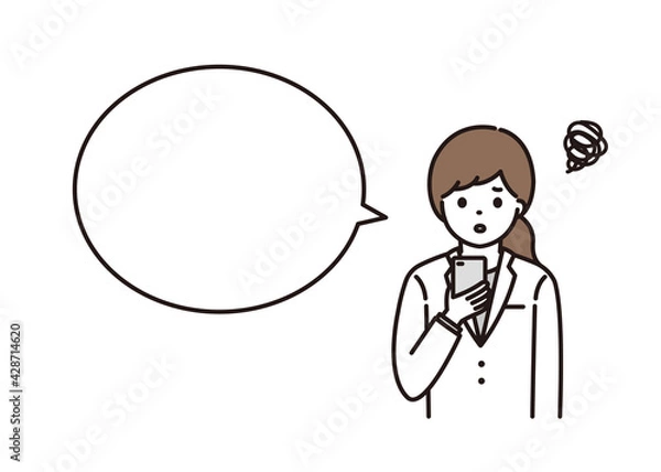 Fototapeta 困った顔でスマートフォンを持つ女性薬剤師 吹き出し