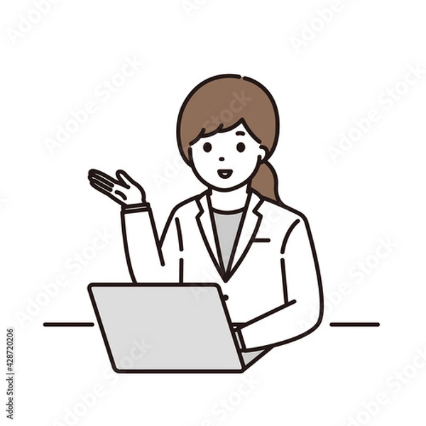 Fototapeta ノートパソコンの前で説明をする女性薬剤師