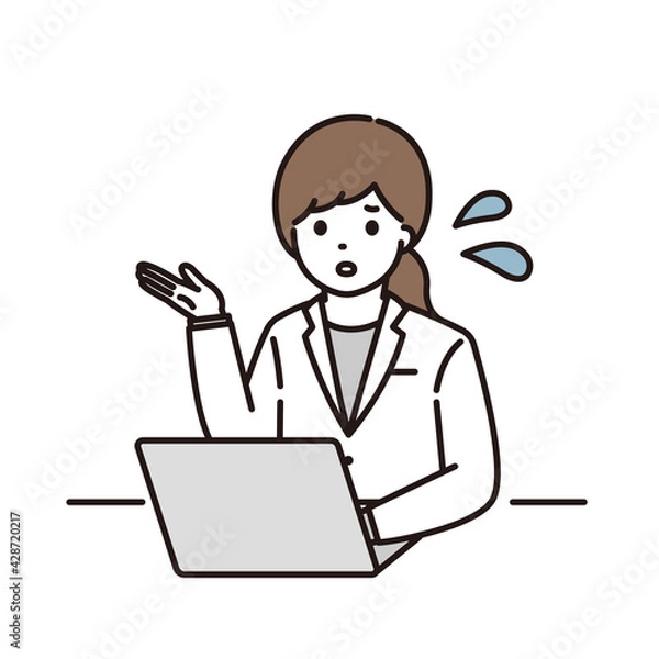 Fototapeta 困った顔でノートパソコンの前で説明をする女性薬剤師