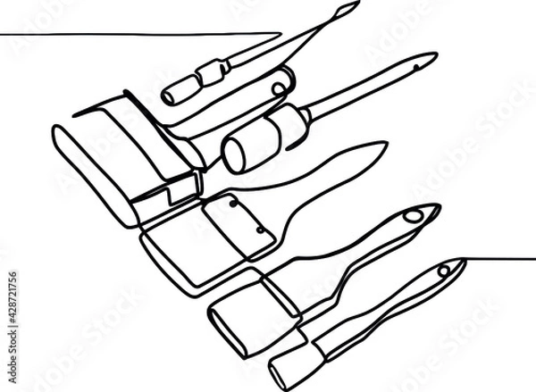 Fototapeta Set of six brushes. Brushes of various sizes for repairing and painting walls and ceilings, as well as large minimal concept one line