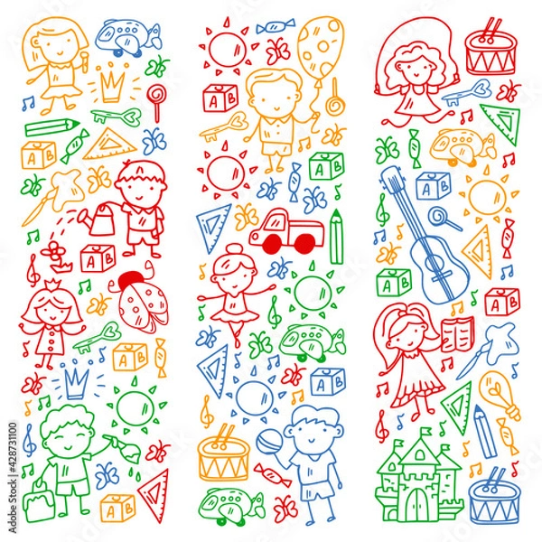 Fototapeta Vector pattern with little children. Kindergarten. Imagination. Creativity. Play.