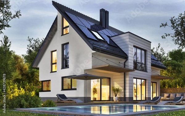 Obraz Night view of a beautiful white house with solar panels and a swimming pool